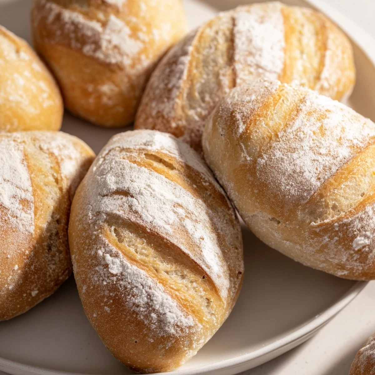 Golden brown crusty French bread rolls fresh from the oven with flour-dusted tops