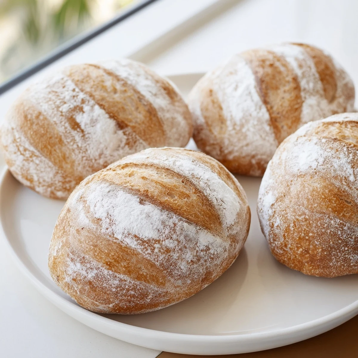 Warm homemade crusty French bread rolls sliced open revealing soft tender white interior