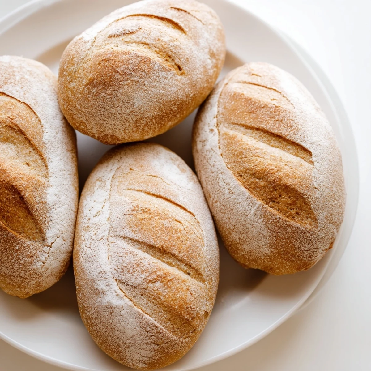 Batch of eight oven-baked crusty French bread rolls arranged on rustic wooden cutting board