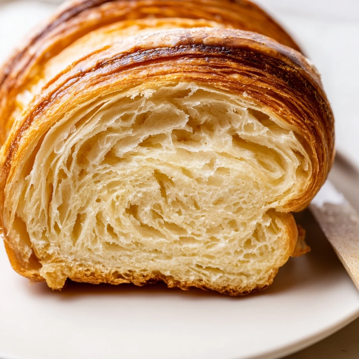 Golden homemade croissant bread loaf with flaky layers and buttery, golden-brown baked crust