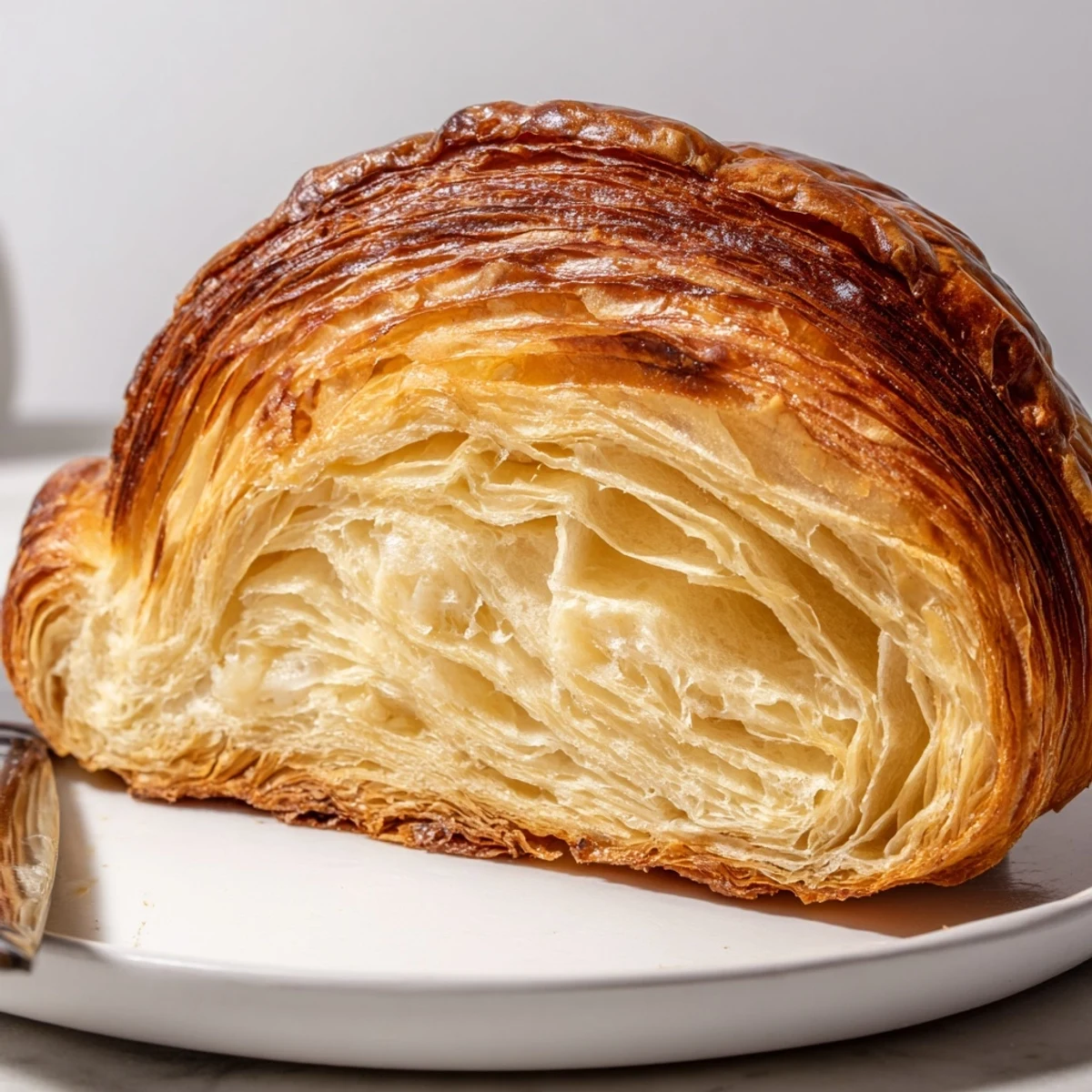 Sliced homemade croissant bread revealing tender, layered interior perfect for breakfast or brunch