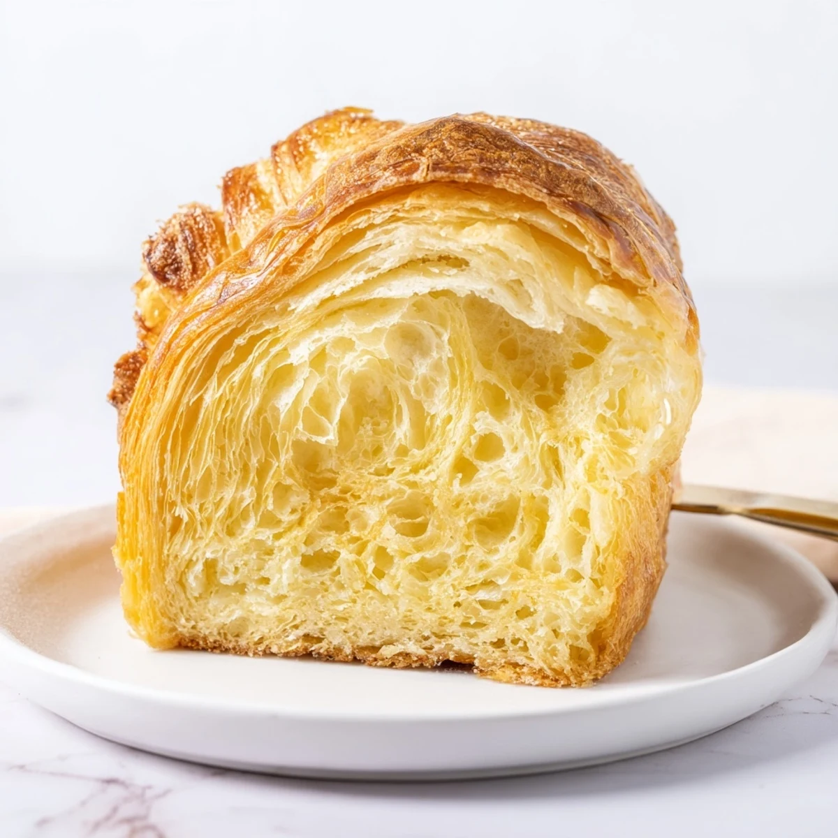 Freshly baked homemade croissant bread brushed with egg wash, golden and ready to slice