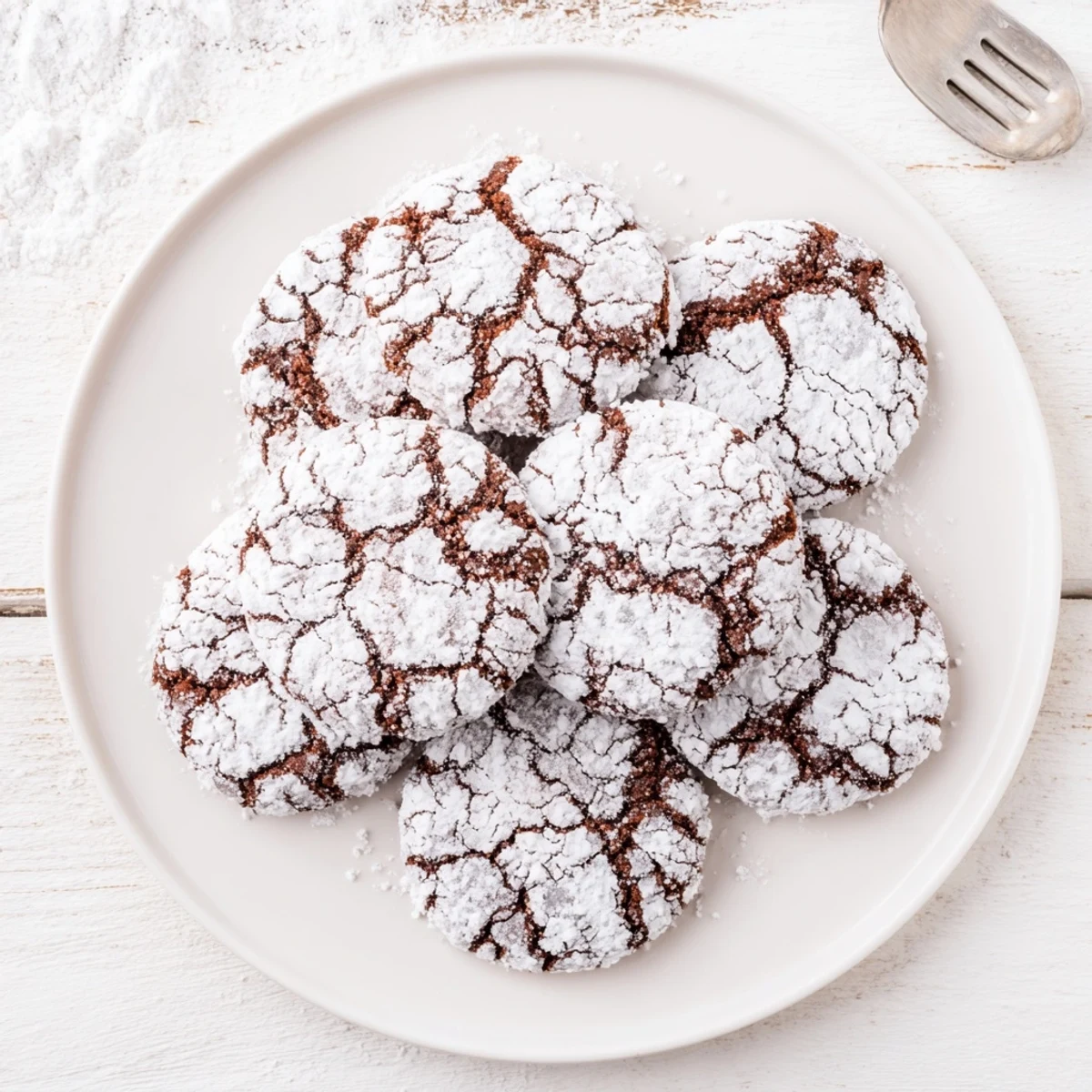 Festive gingerbread crinkle cookies rolled in powdered sugar on a holiday plate