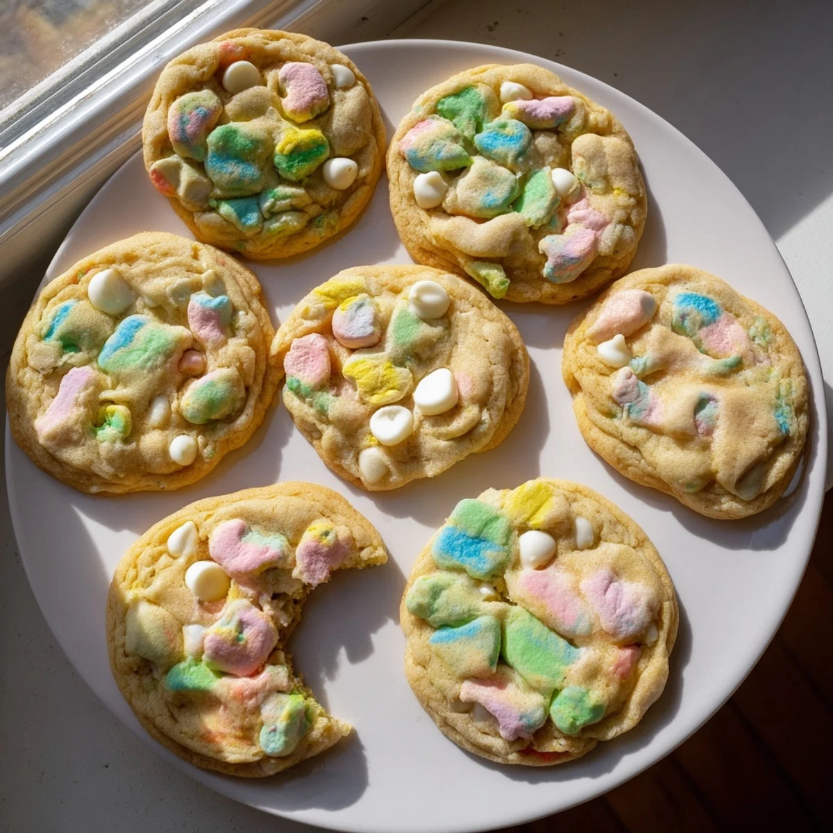 Soft Lucky Charms cookies studded with colorful marshmallow shapes on a wire cooling rack