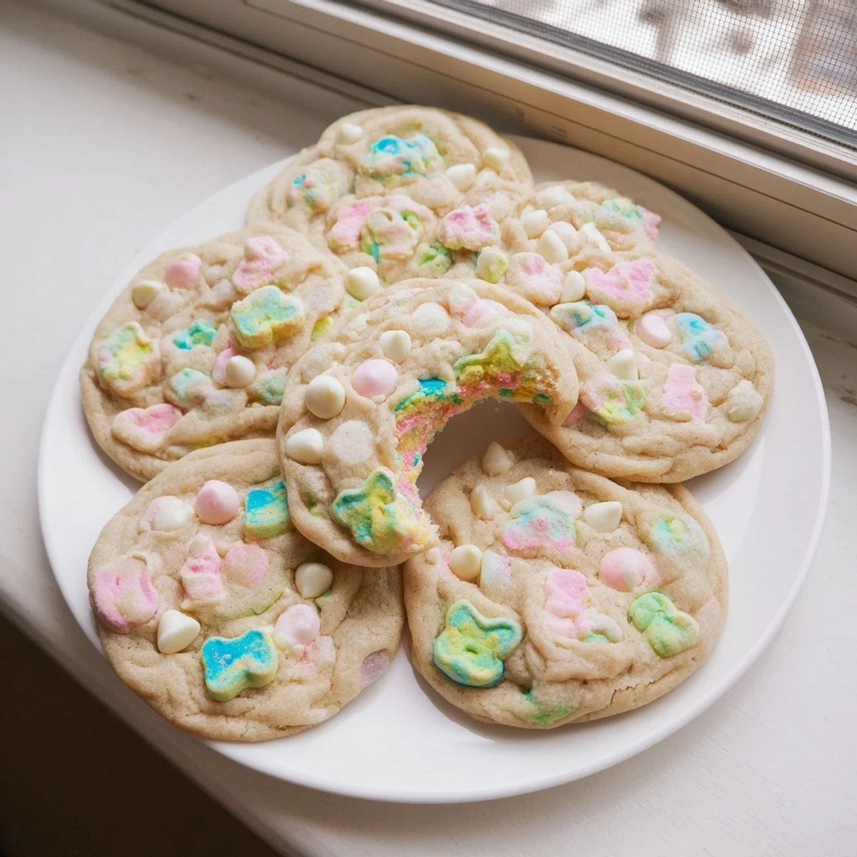 Golden brown Lucky Charms cookies with vibrant rainbow marshmallows baked into chewy centers