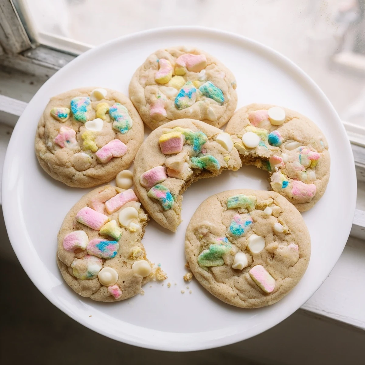 Batch of whimsical Lucky Charms cookies topped with pastel marshmallows and optional white chocolate chips