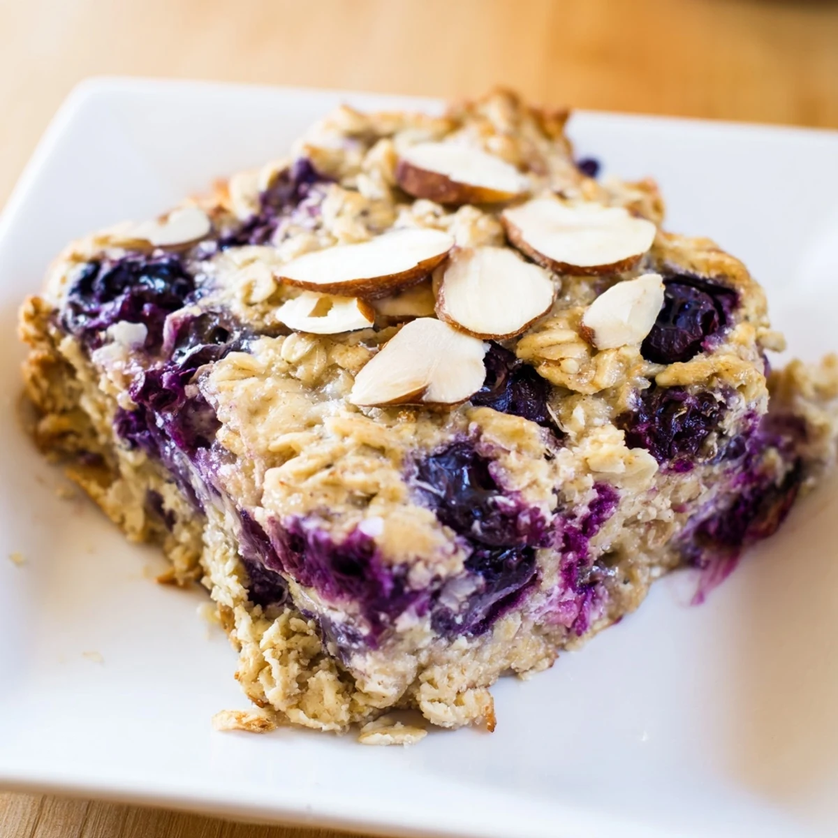 Sliced blueberry cottage cheese breakfast bake topped with toasted nuts and coarse sugar