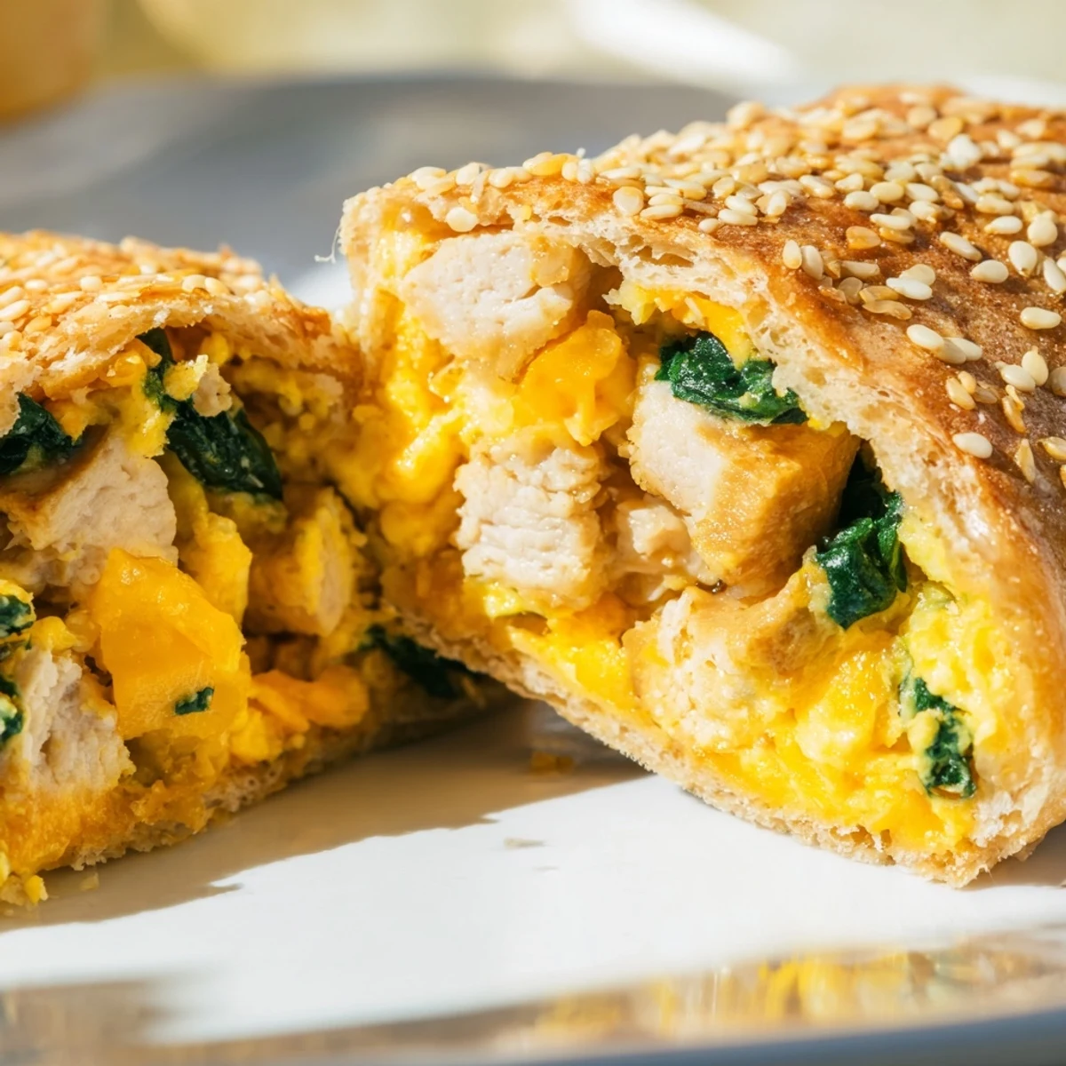 Golden high protein breakfast hot pockets with egg and turkey filling baked to perfection