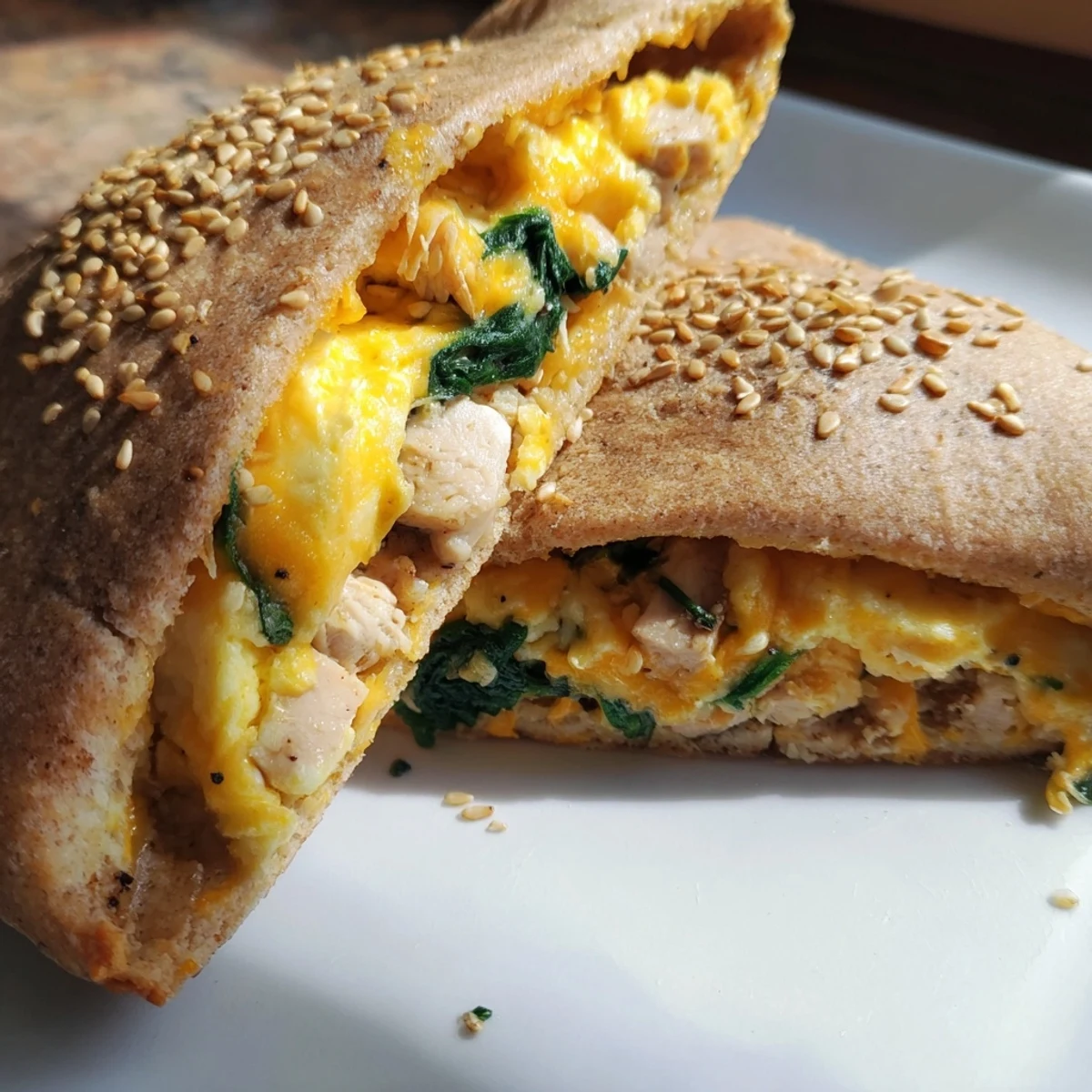 Handheld high protein breakfast hot pockets sprinkled with sesame seeds on a parchment-lined baking sheet
