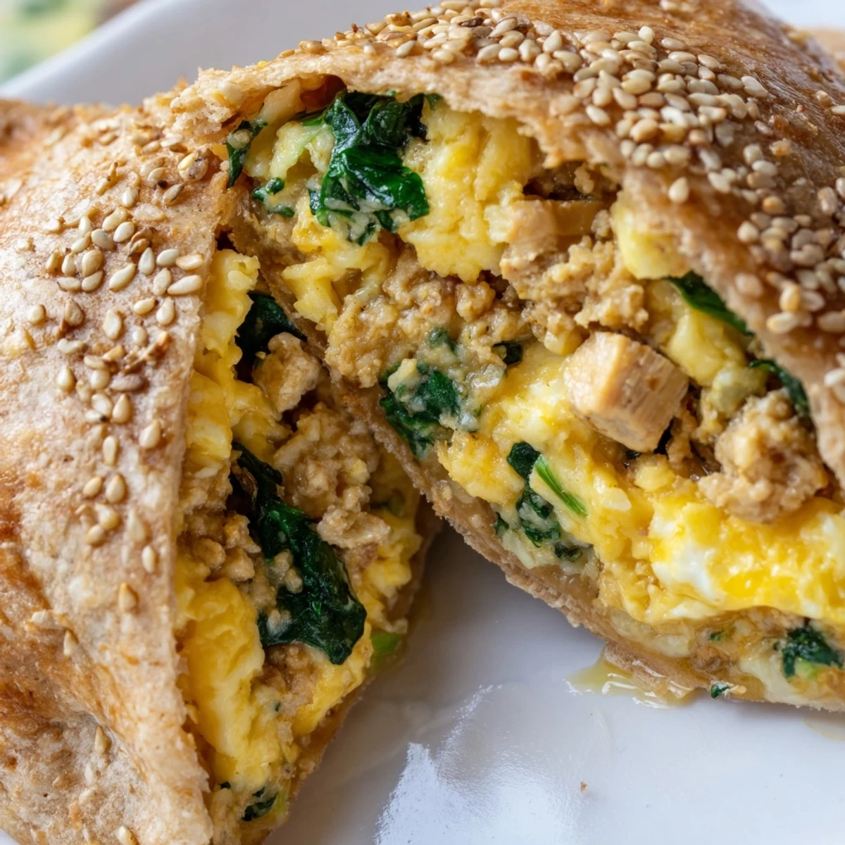 Savory high protein breakfast hot pockets featuring melted cheese and spinach in whole wheat dough