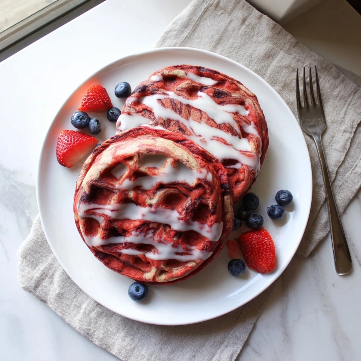 Crisp breakfast waffles featuring a beautiful red and vanilla marble pattern on a white plate