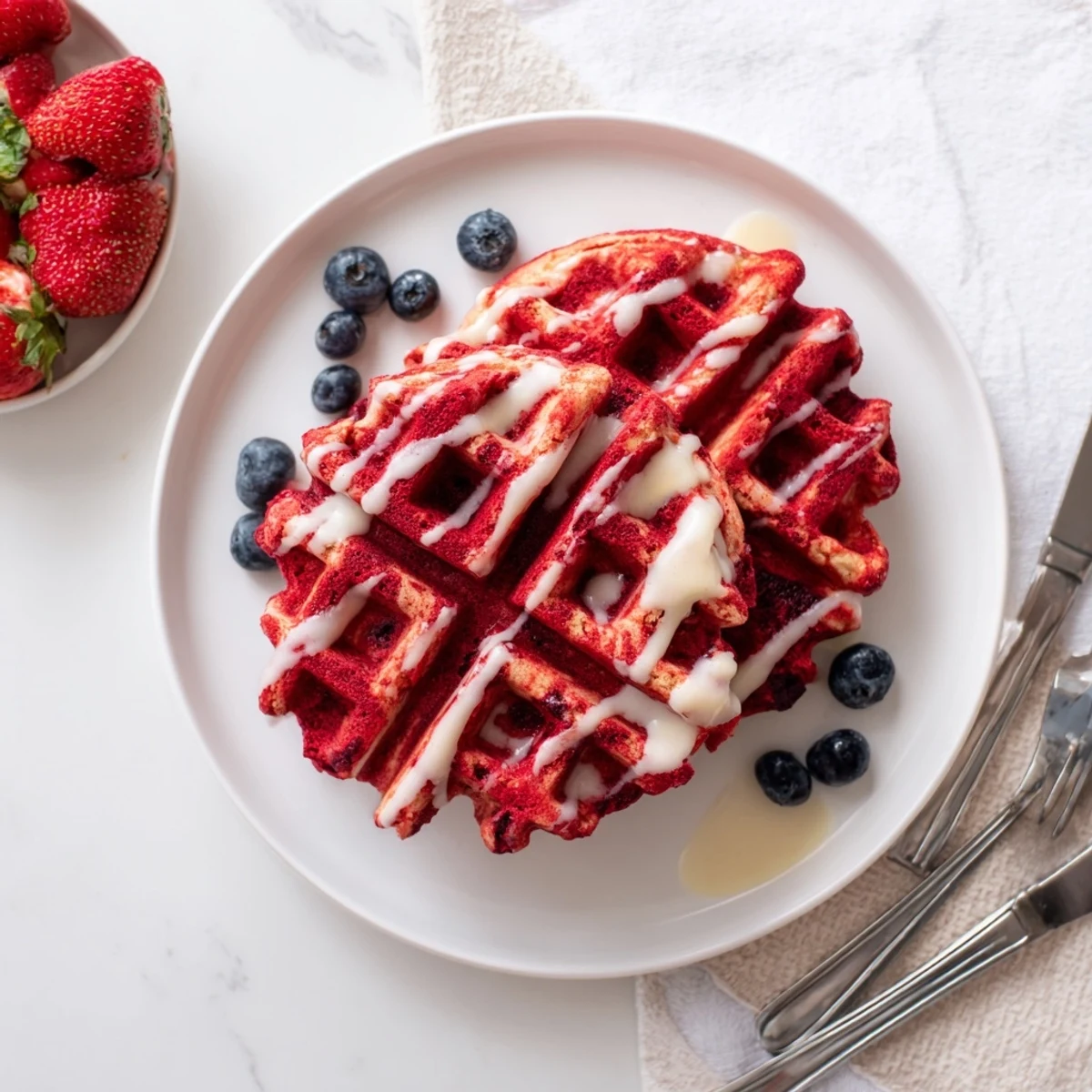 Golden red velvet marble waffles swirled with vanilla and drizzled with sweet maple syrup