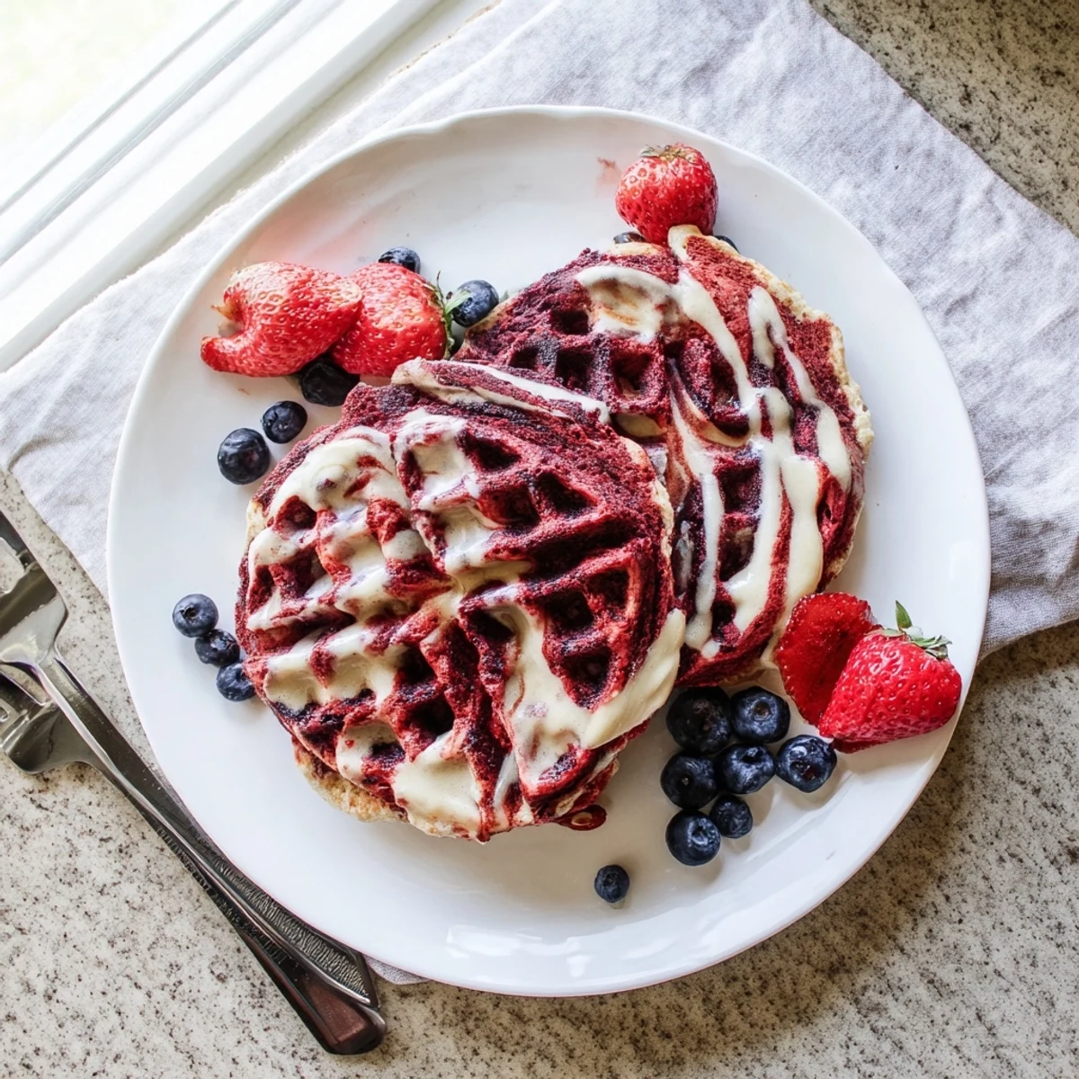 Decadent red velvet marble waffles topped with fresh berries and creamy whipped cream