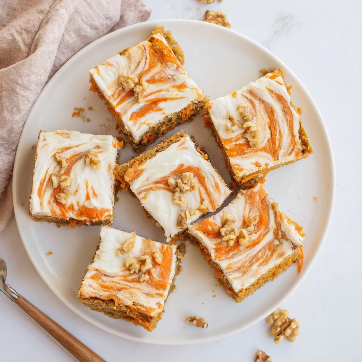 Sliced carrot cake cream cheese bars showing marbled layers of spiced cake and filling
