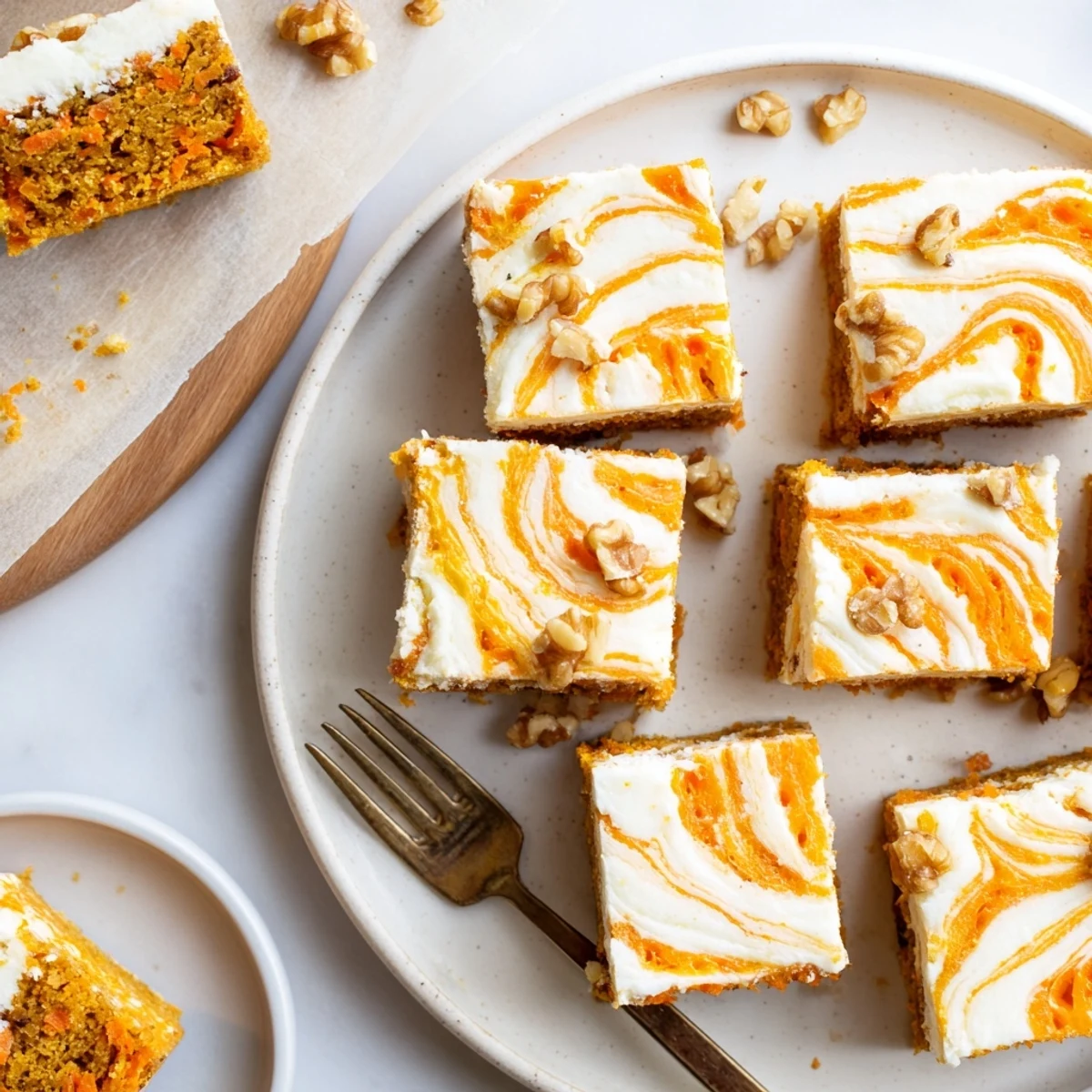 Golden carrot cake batter swirled with creamy cheesecake layer in these moist bars