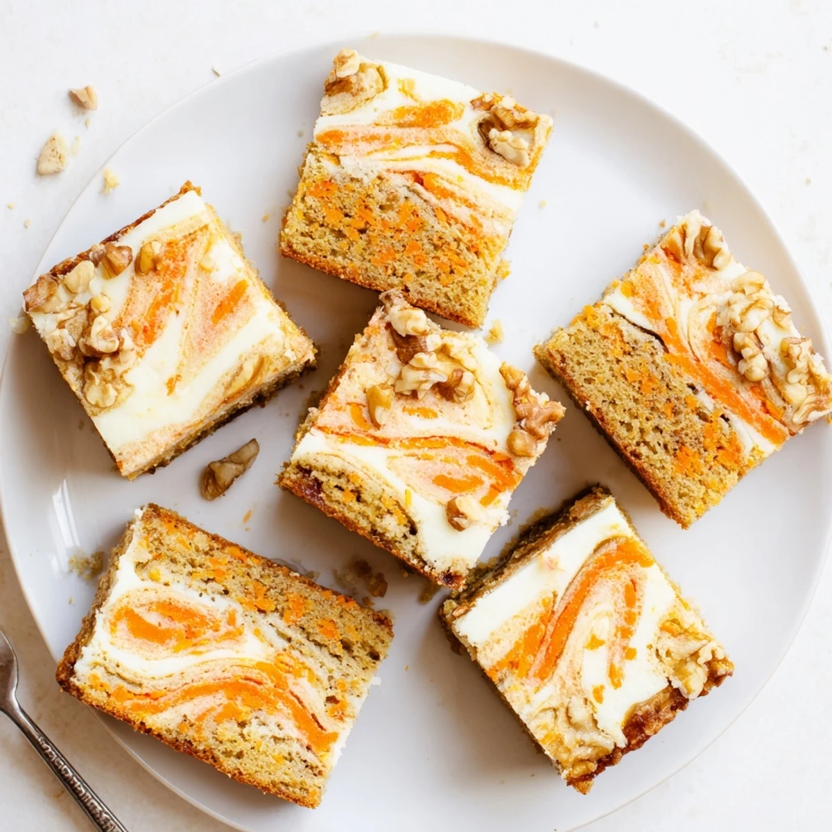 Homemade carrot cake cream cheese bars plated with crushed walnuts on white background