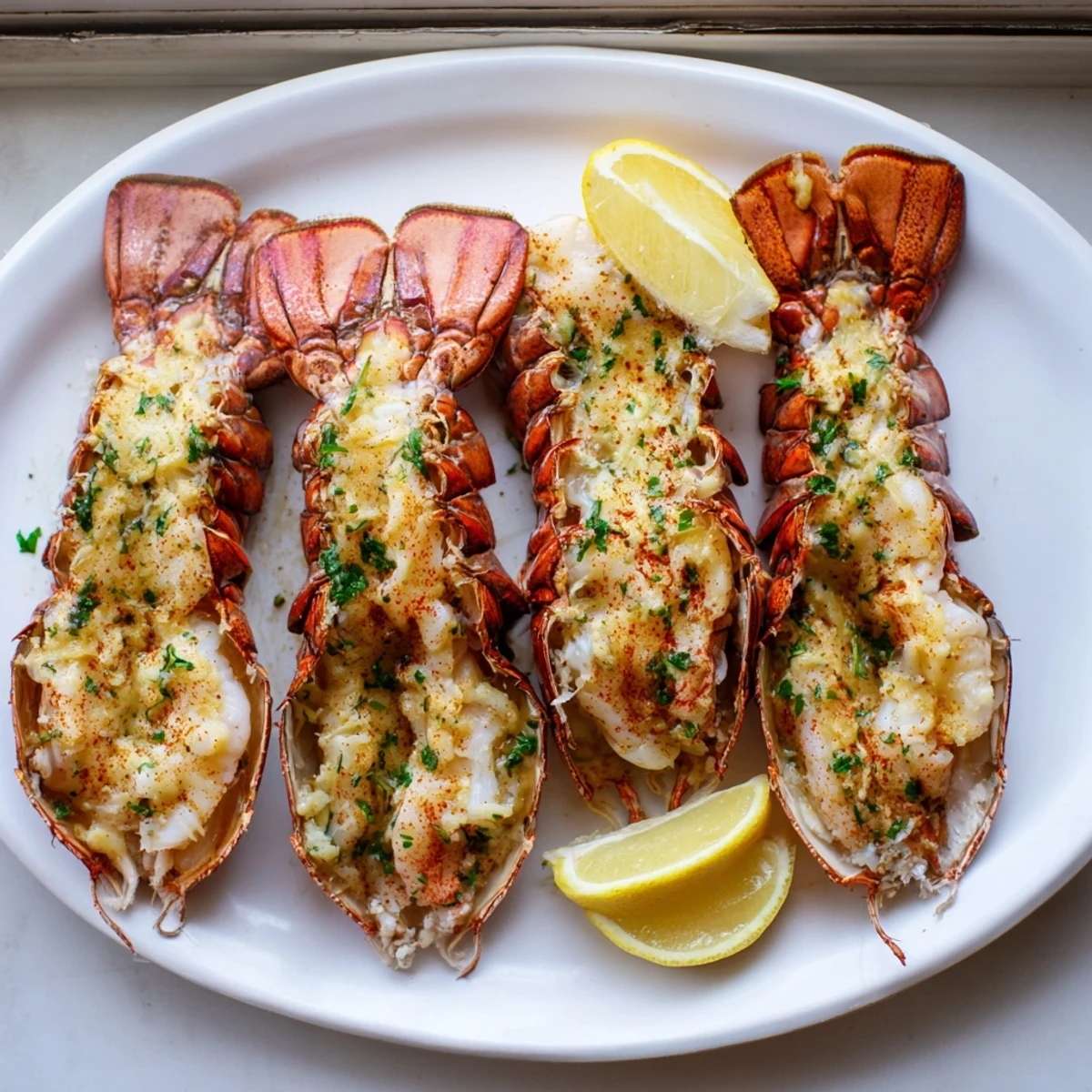 Golden baked garlic butter lobster tails brushed with melted herb butter on a white plate