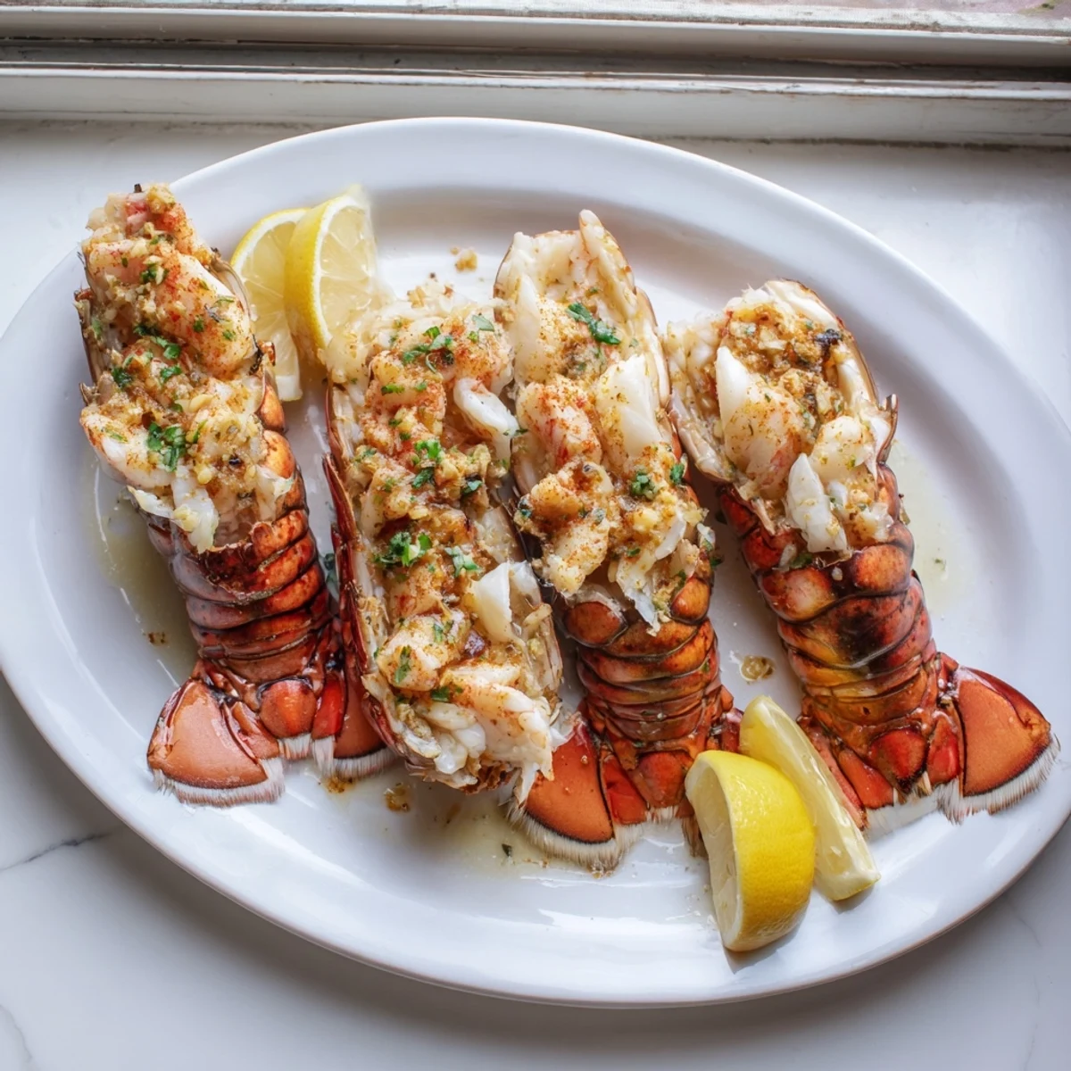 Succulent lobster meat sizzling in rich garlic butter sauce garnished with fresh parsley and lemon