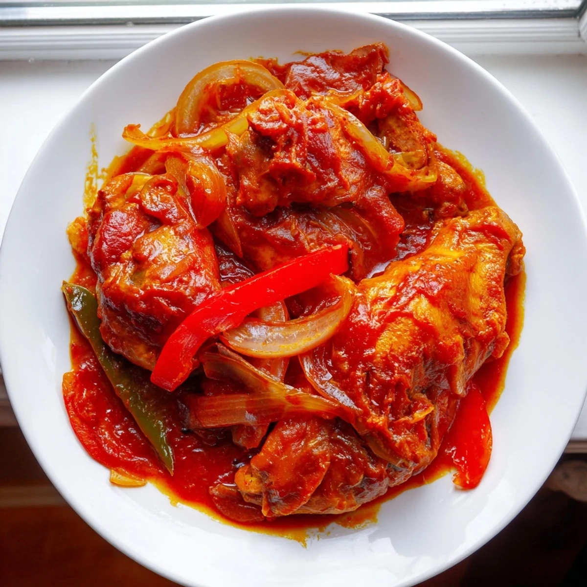 Senegalese chicken simmering in rich tomato sauce with colorful bell peppers and aromatic spices
