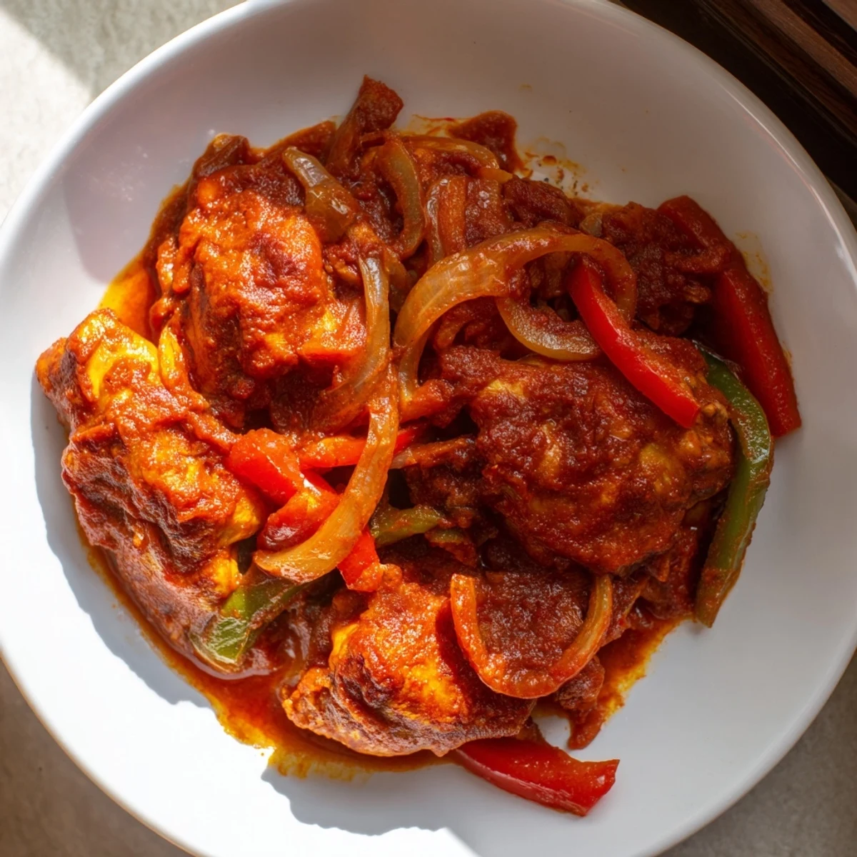 Golden brown Senegalese chicken pieces nestled in thick, savory onion and tomato stew