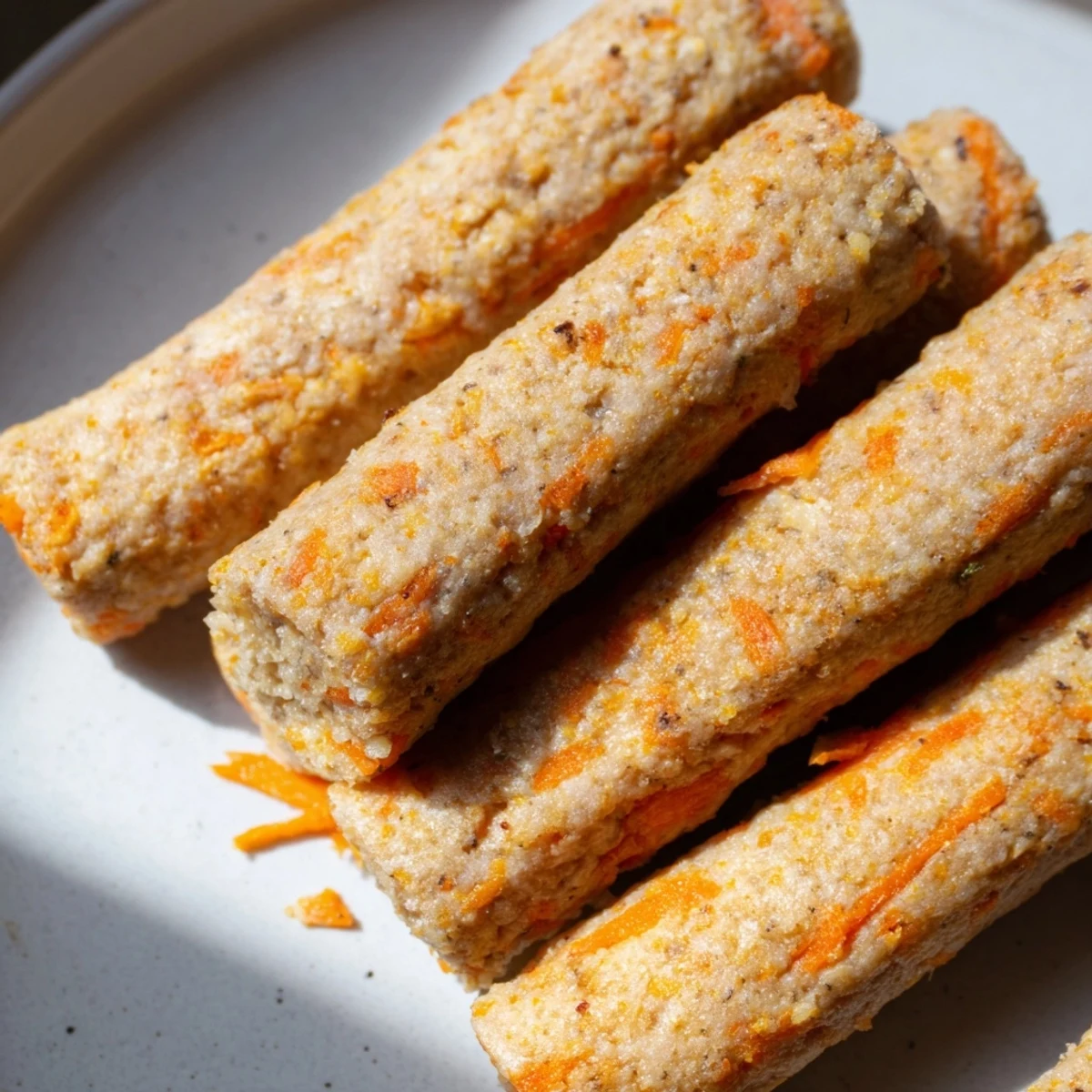 Golden brown apple and carrot dog chew sticks arranged on parchment paper for wholesome treating