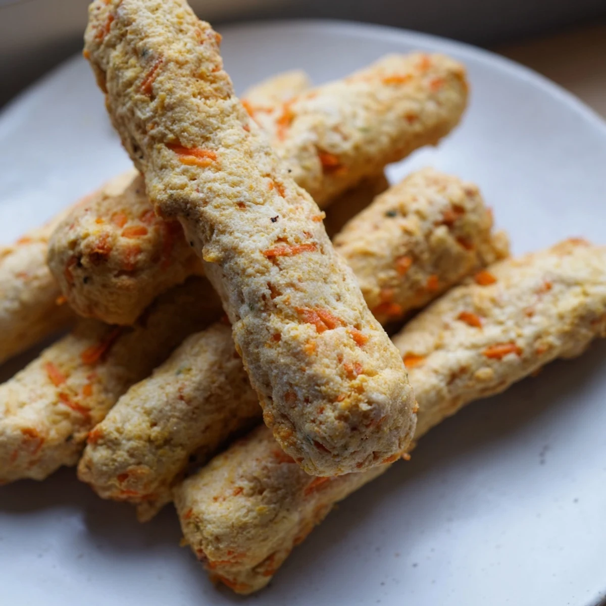 Homemade apple and carrot dog chew sticks with a crispy texture perfect for rewarding pups