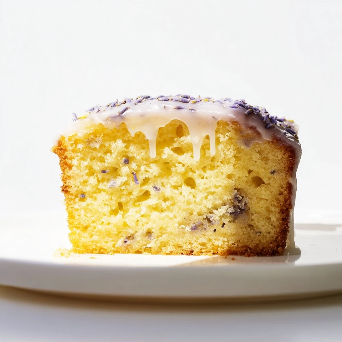 Lavender cake with lemon glaze drizzled over a tender crumb studded with purple buds