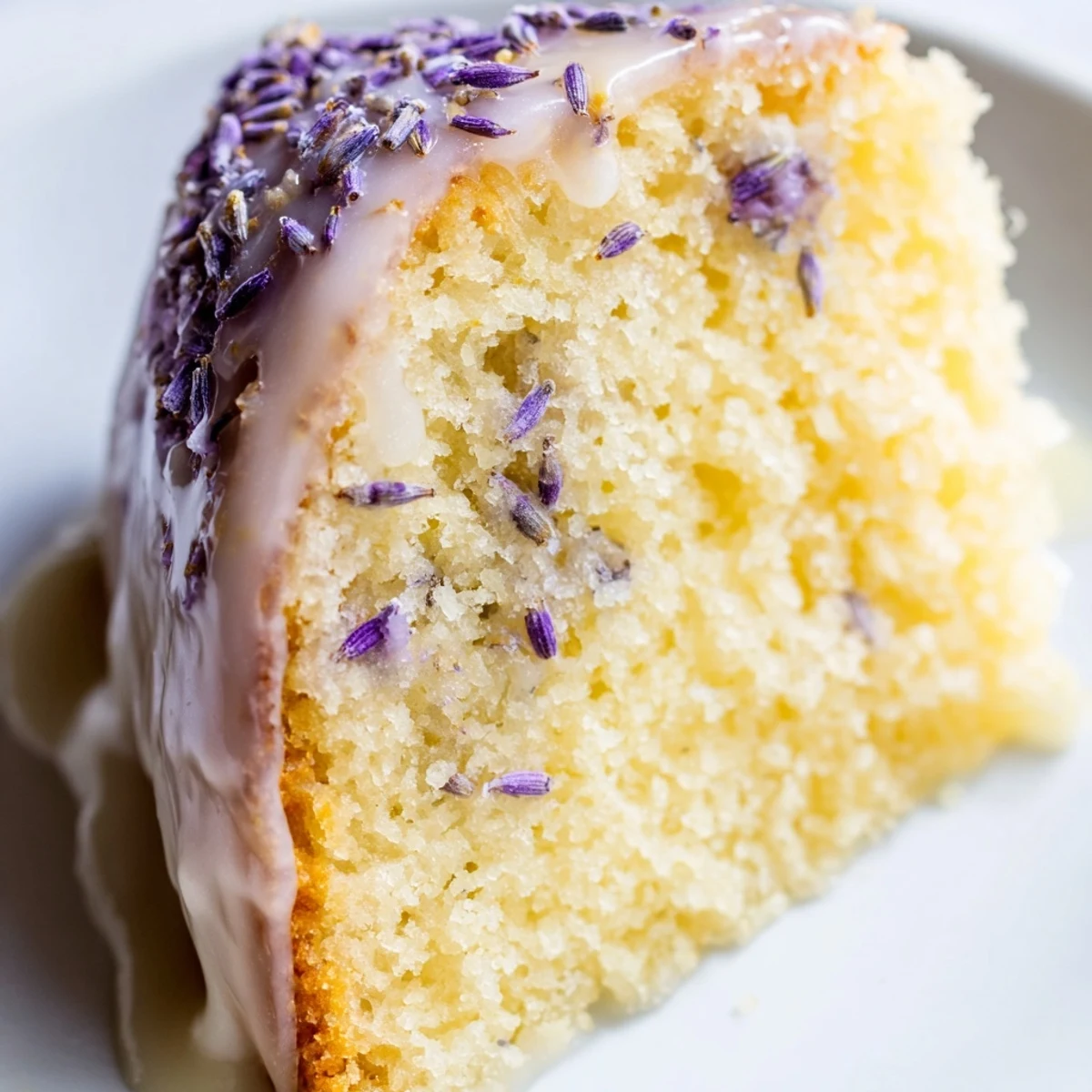 Soft lavender cake slice on a vintage plate with delicate lemon icing dripping down