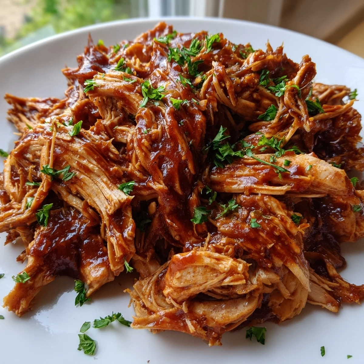 Tender Sweet Baby Ray's crockpot chicken glistening with rich barbecue sauce on a white plate