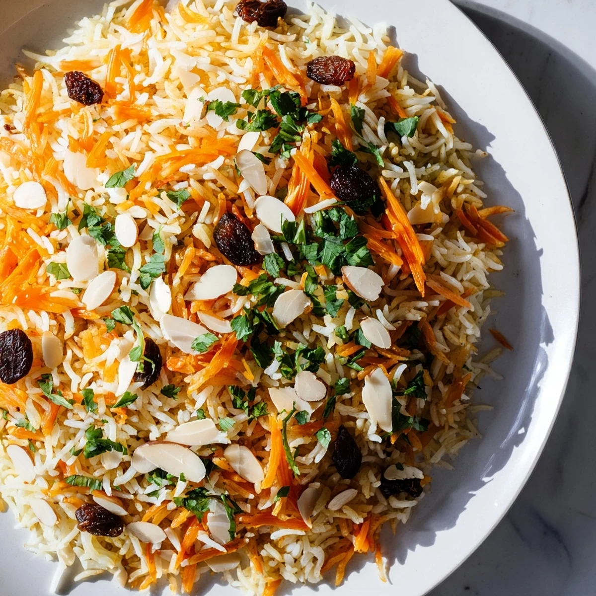 Golden Afghan rice topped with caramelized carrots, plump raisins, and toasted almond slices