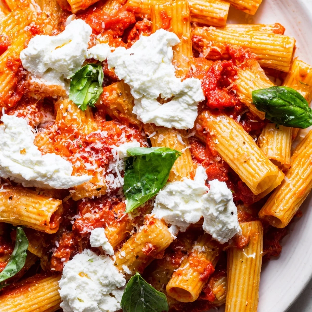 Creamy tomato garlic ricotta penne topped with fresh basil leaves on white plate