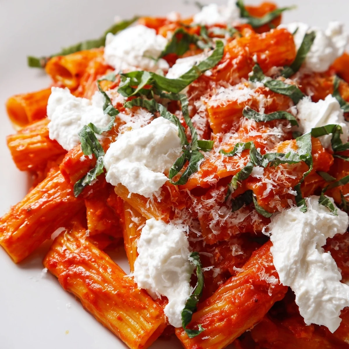 Tomato garlic ricotta penne in vibrant red sauce with melted cheese and herbs