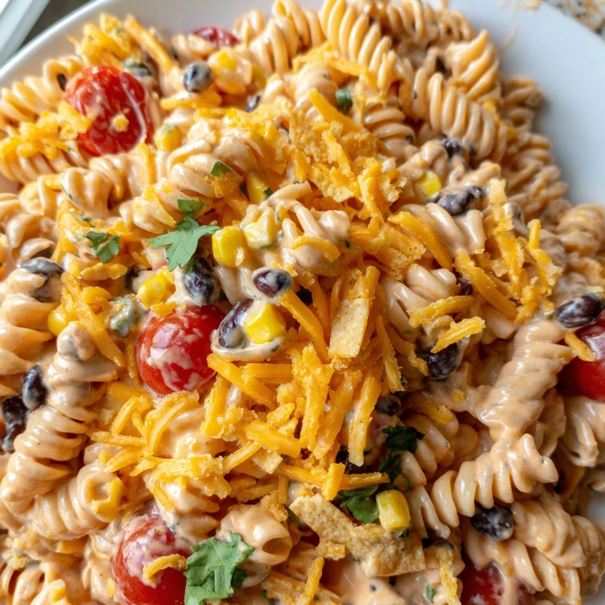 Colorful Taco Pasta Salad in a large serving bowl with fresh vegetables, cheese, and creamy dressing