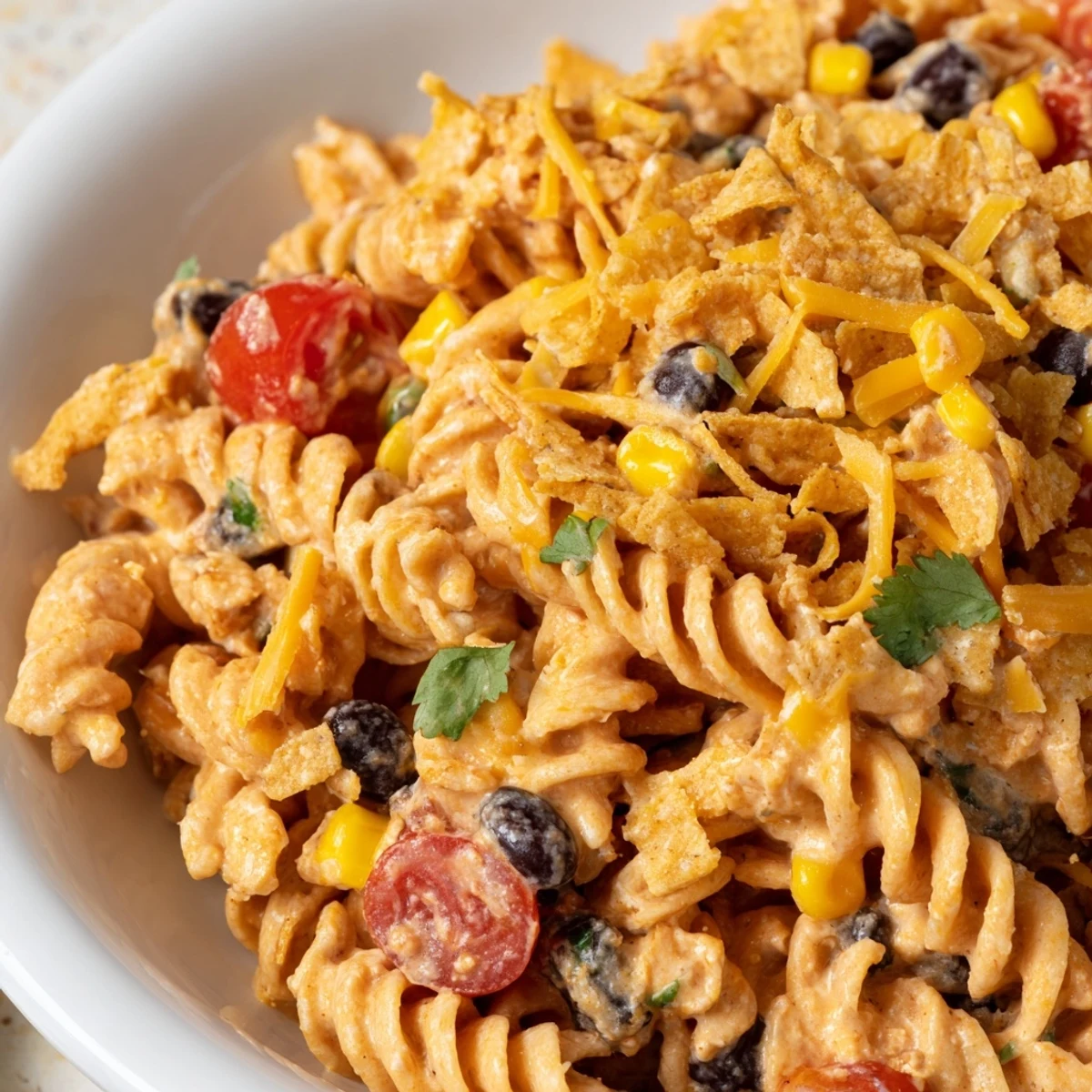Creamy Taco Pasta Salad topped with crushed tortilla chips, melted cheese, and fresh cilantro garnish