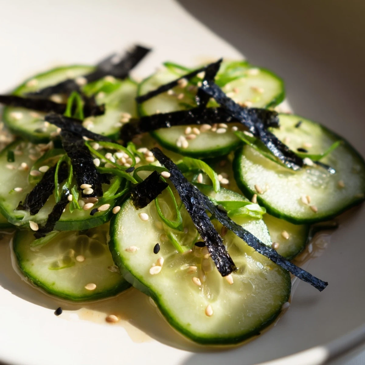 Thinly sliced cucumbers in tangy rice vinegar dressing make this refreshing sushi cucumber salad