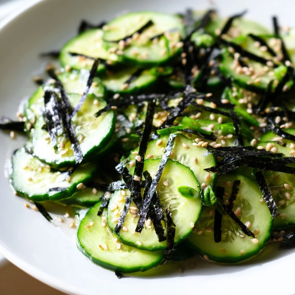 Chilled sushi cucumber salad glistening with sesame oil and garnished with toasted nori