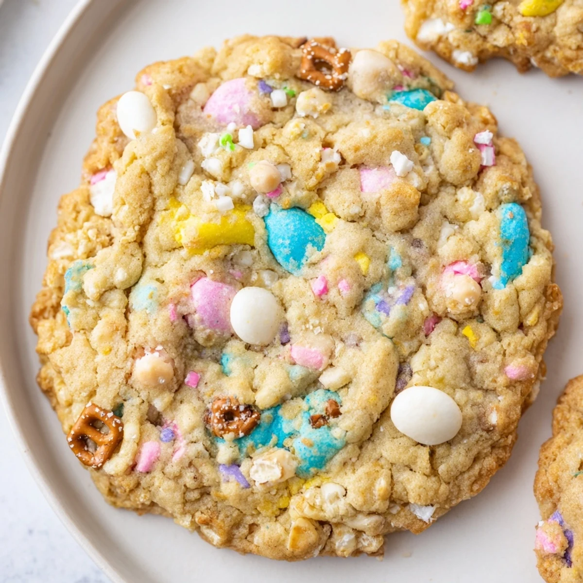 Colorful Easter Trash Cookies loaded with pastel candies, pretzels, and sprinkles on a rustic baking sheet.