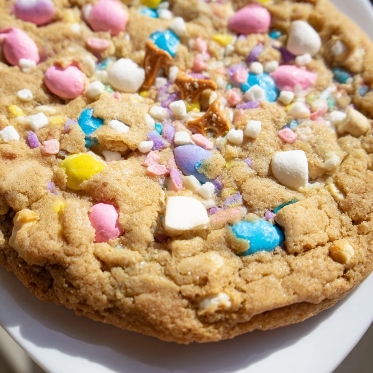 Chewy Easter Trash Cookies with crispy cereal, marshmallows, and candy pieces stacked on a white plate.