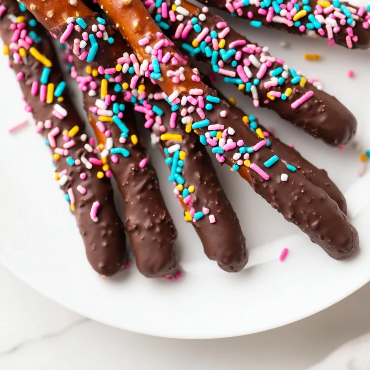 Chocolate covered pretzels for Easter with pastel sprinkles on a white serving plate