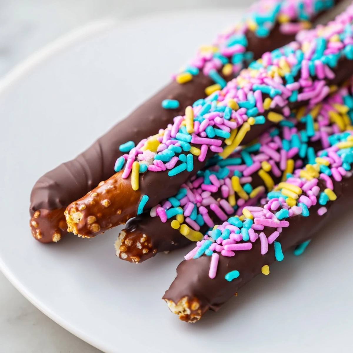 Crunchy chocolate covered pretzels for Easter decorated with colorful candy sprinkles close-up