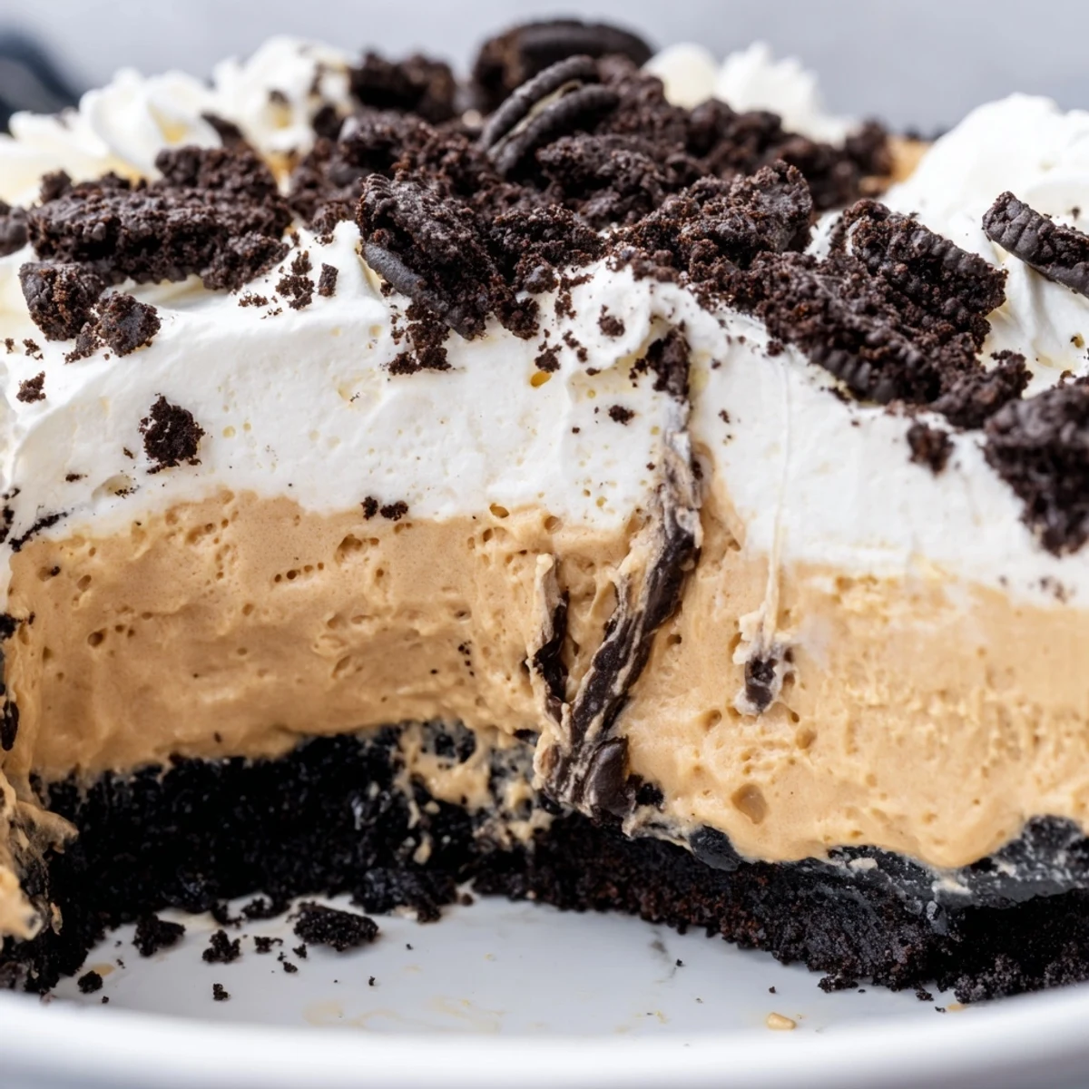 Creamy peanut butter Oreo pie with whipped topping and chocolate cookie crumbles