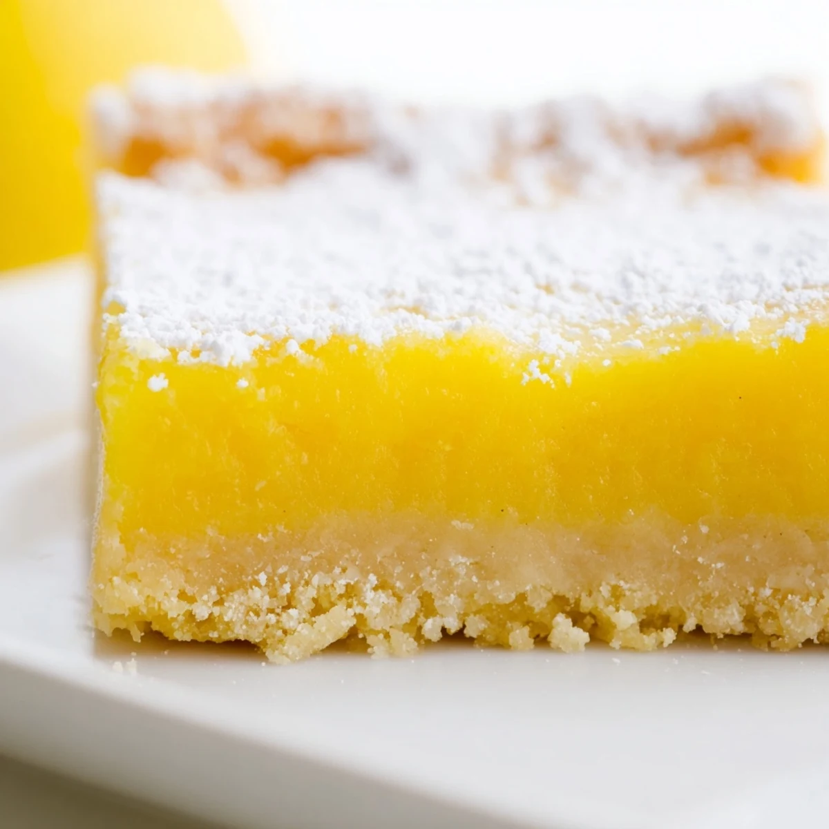 Golden lemon bars with powdered sugar dusting on a rustic white serving plate