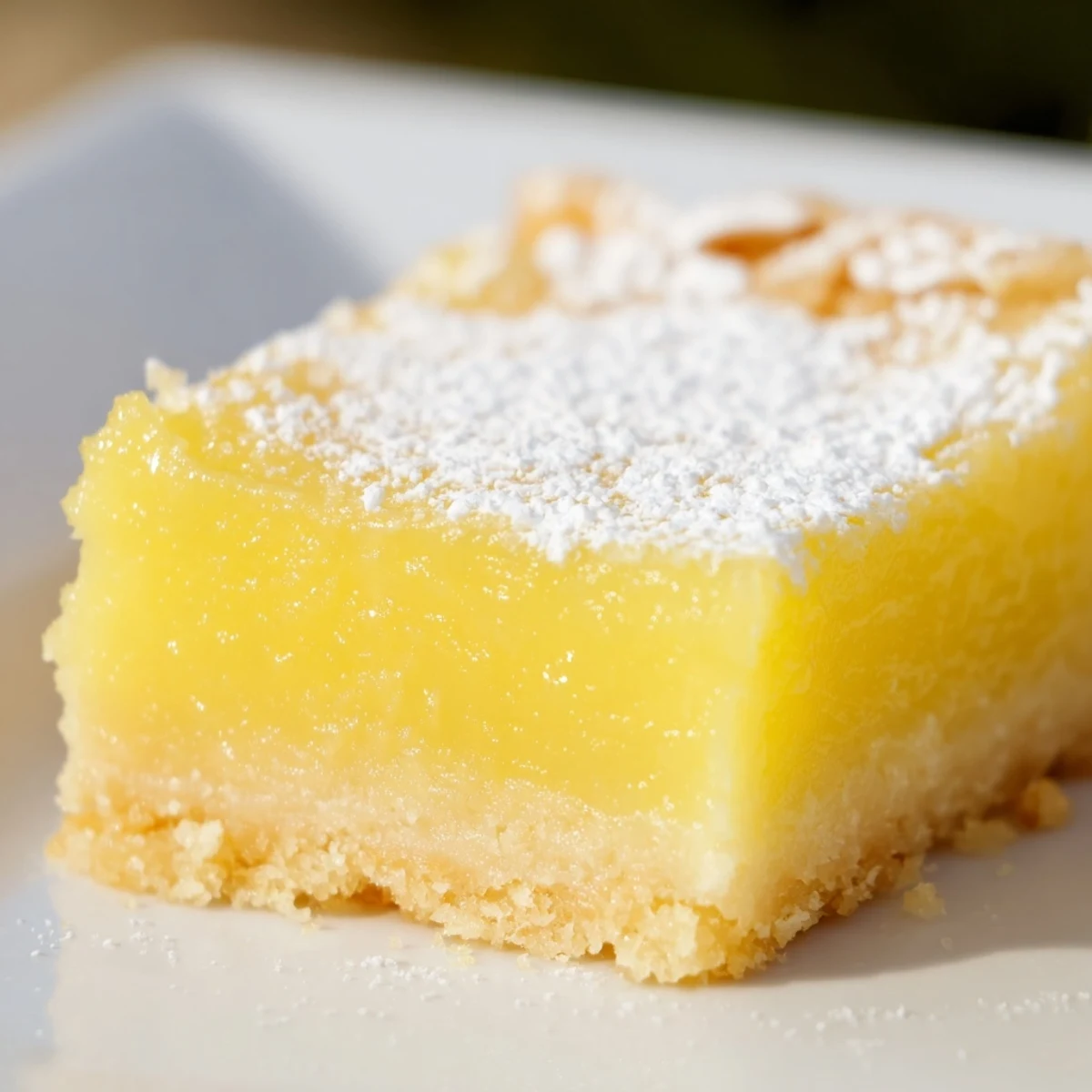 Buttery lemon bar squares with golden shortbread crust and snowy powdered sugar topping