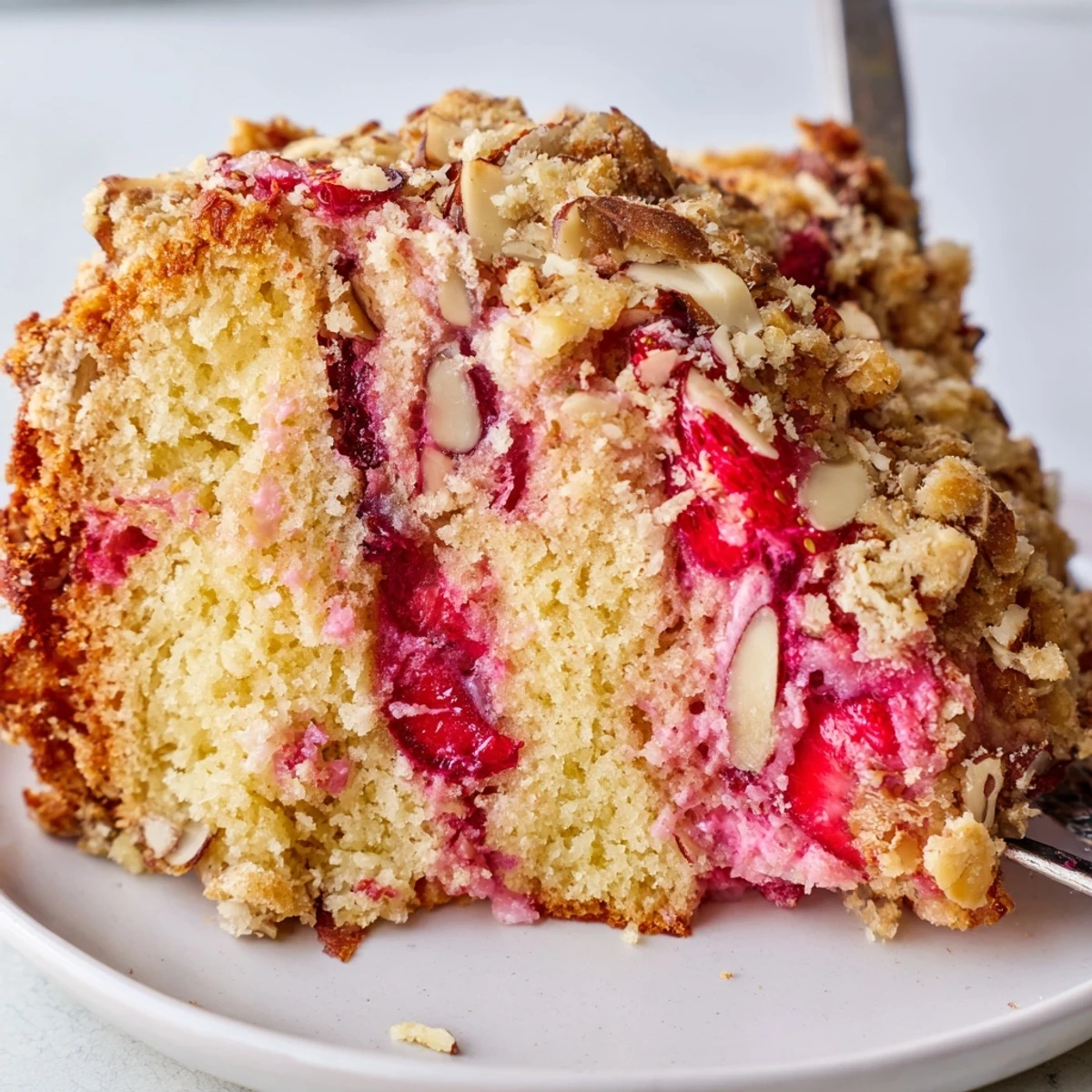 Golden lemon cake topped with rhubarb, strawberries, and crunchy almond streusel fresh from oven
