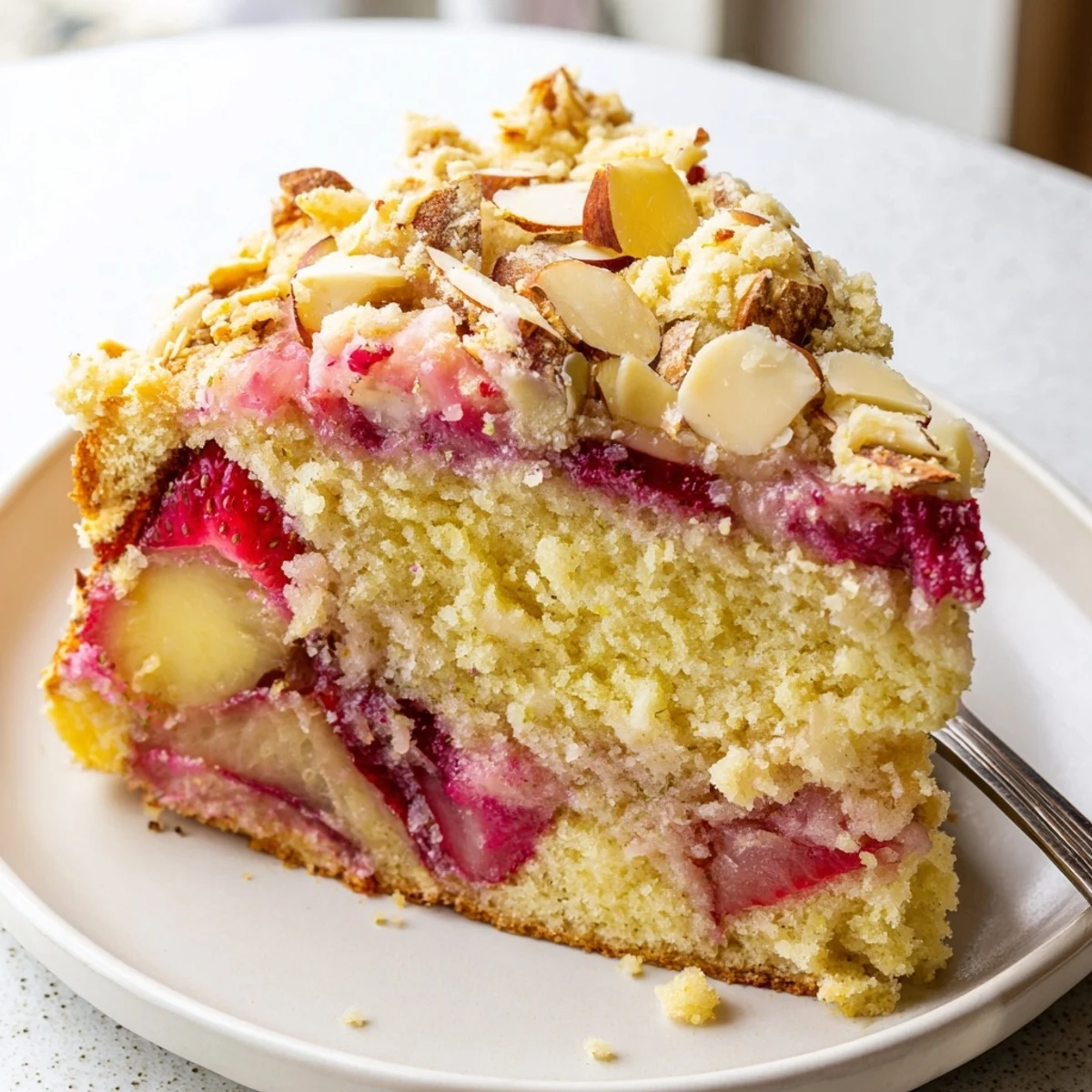 Slice of Ultimate Spring Baking Treat showing tender lemon cake layered with juicy berries and crumbly almond streusel on a rustic plate