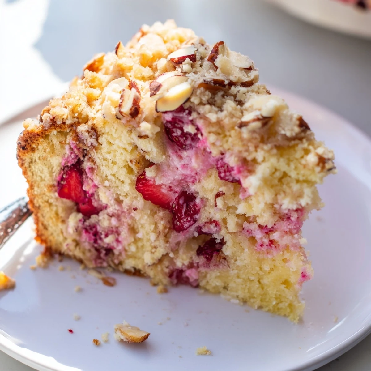 Vibrant strawberry rhubarb cake with golden streusel topping served on white plate with powdered sugar dusting