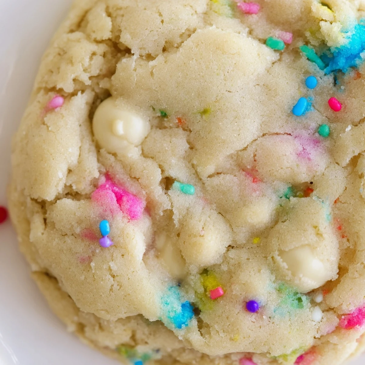 Soft pastel white chocolate cookies with creamy chips and colorful sprinkles on a rustic baking sheet