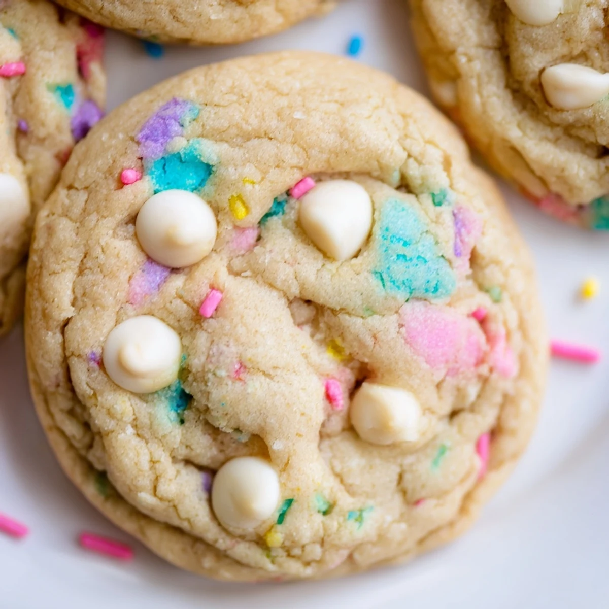 Thick pastel white chocolate cookies studded with melted white chips, topped with cheerful spring sprinkles