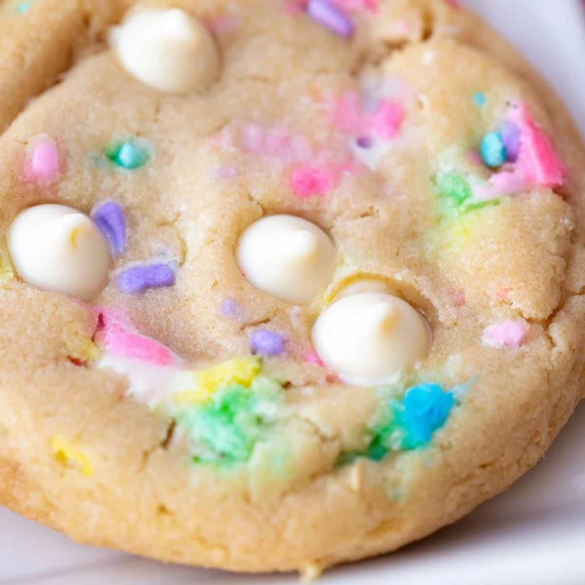 Golden edged pastel white chocolate cookies arranged on a wire rack, bursting with creamy chips