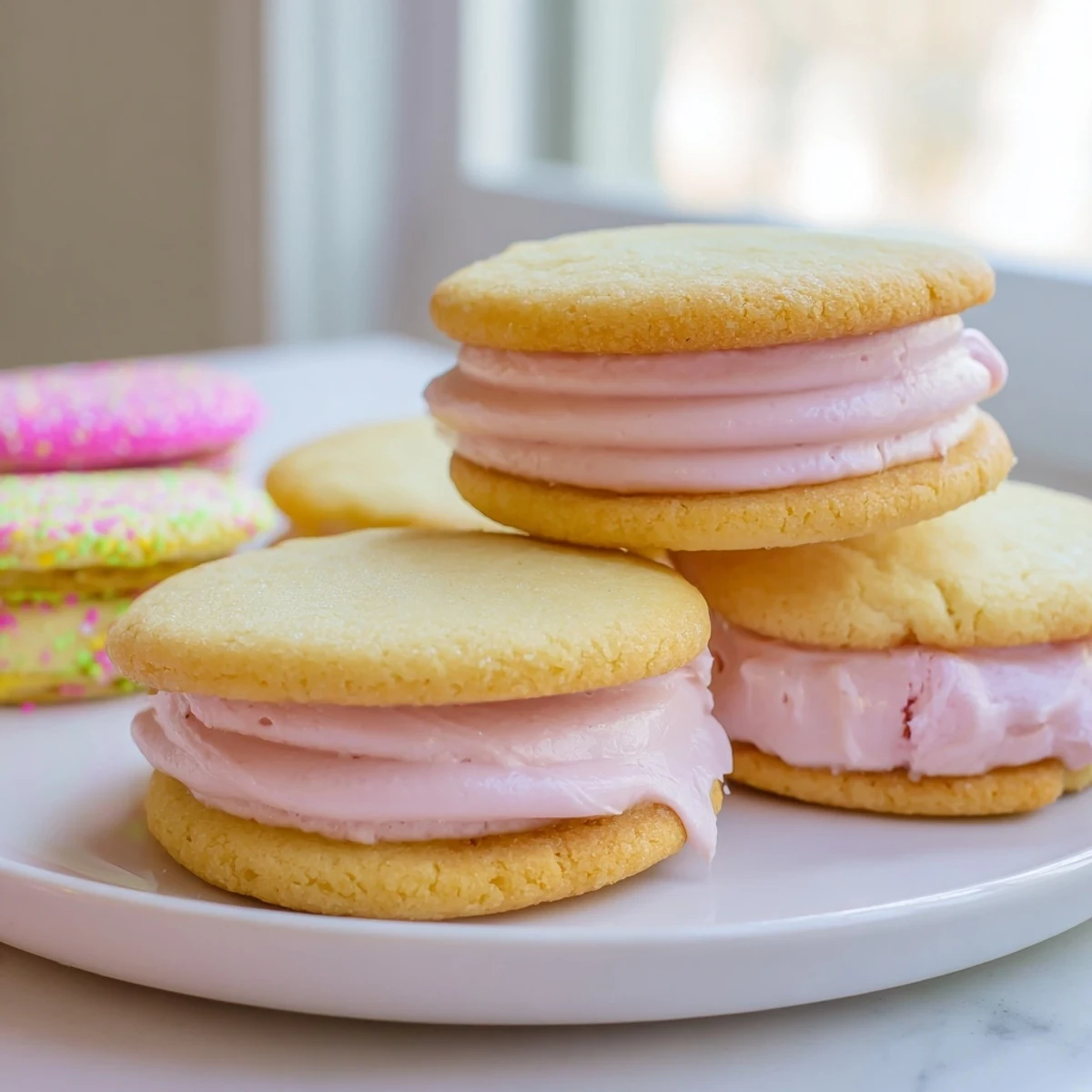 Soft pastel sugar cookie sandwiches with swirled pink and yellow buttercream filling